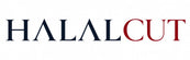 The text 'HALALCUT' is centered on a plain white background, with 'HALAL' in dark navy blue and 'CUT' in dark red.